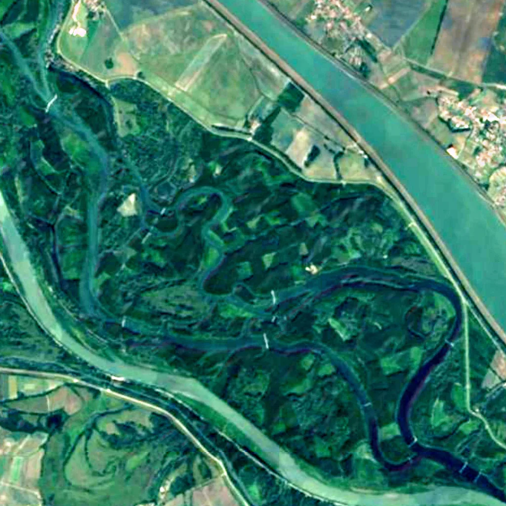 Landschaftsschutzgebiet Dunajské luhy von oben gesehen (Sentinel-2)