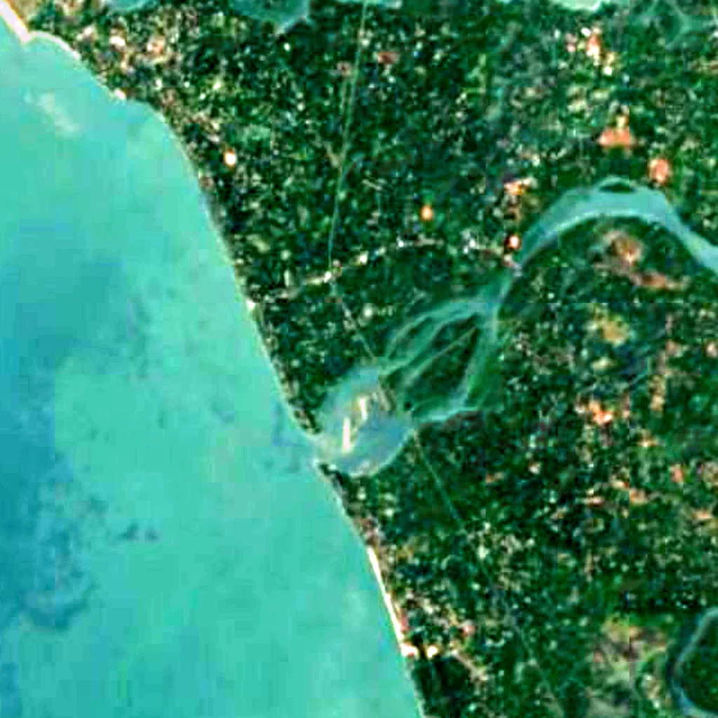 Kadalundi Bird Sanctuary visto de cima (Sentinel-2)