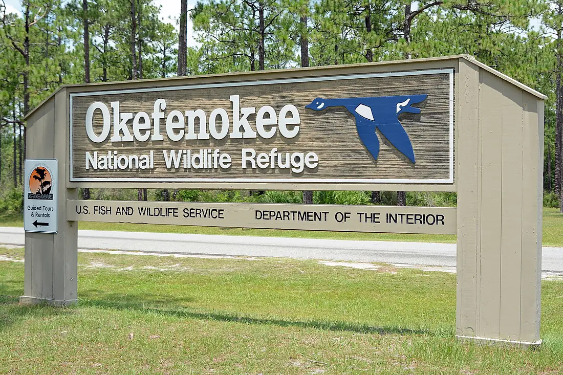 Okefenokee National Wildlife Refuge sign, Charlton County, GA, US